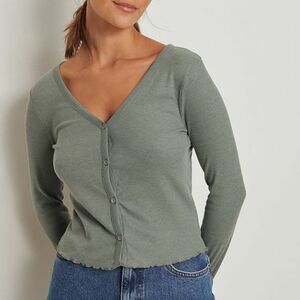 NA-KD Babylock Rib Cardigan in Green- Size XS